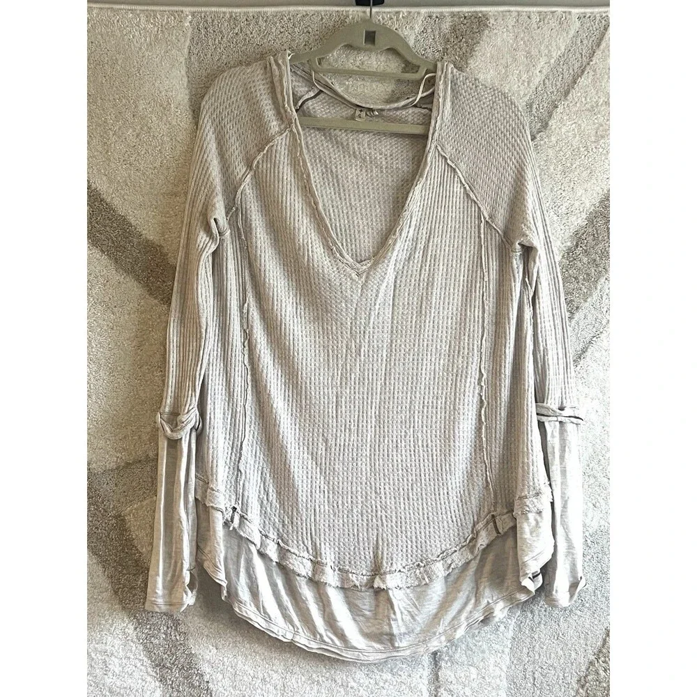 Free People Laguna Thermal Tunic Top Sz S Ivory Waffle Knit Boho Lagenlook